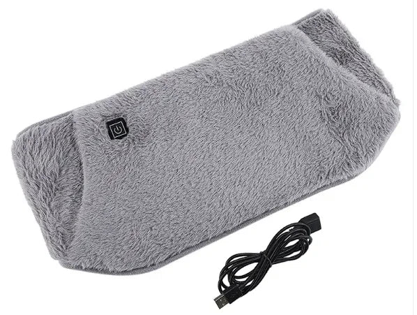 Gray plush electric heating pad with USB cord, soft texture, and power button for warmth and comfort