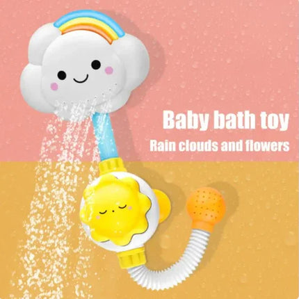 Baby bath toy with rainbow cloud and sun design, sprays water for fun showers
