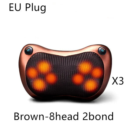 Brown 8-head 2-bond massage pillow with EU plug, glowing orange nodes for relaxation