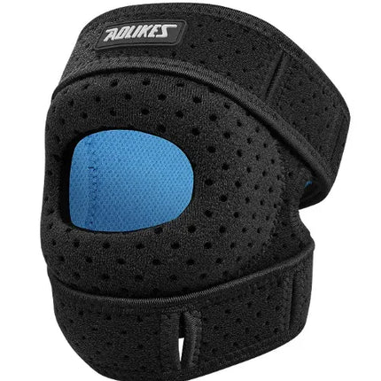 Black breathable knee brace with blue gel pad, adjustable straps for support and comfort during sports or recovery