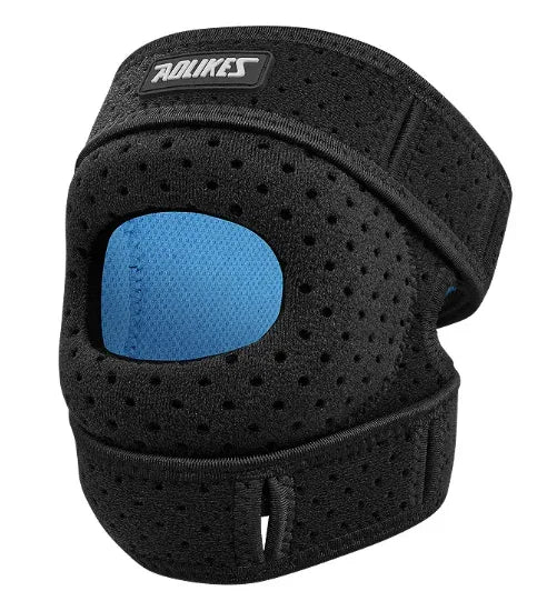 Black breathable knee brace with blue padding for support and comfort during activity