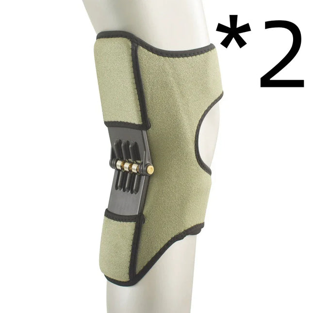 Olive green knee brace with black trim and adjustable support straps for joint stability