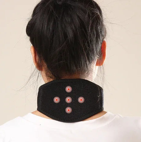 Black neck massager with red LED dots for pain relief and muscle relaxation