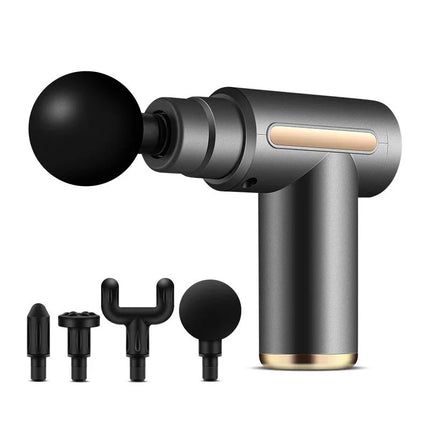 Black and gold massage gun with interchangeable heads for muscle recovery