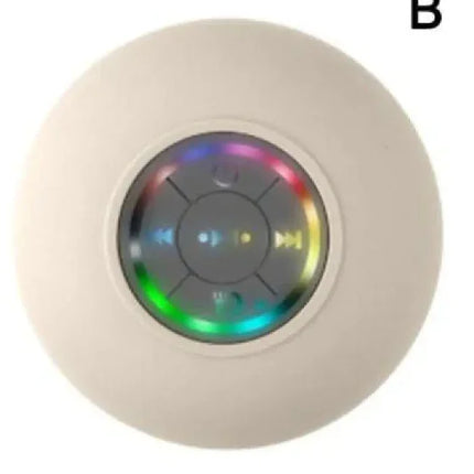 White circular smart device with rainbow LED ring and control buttons for home automation