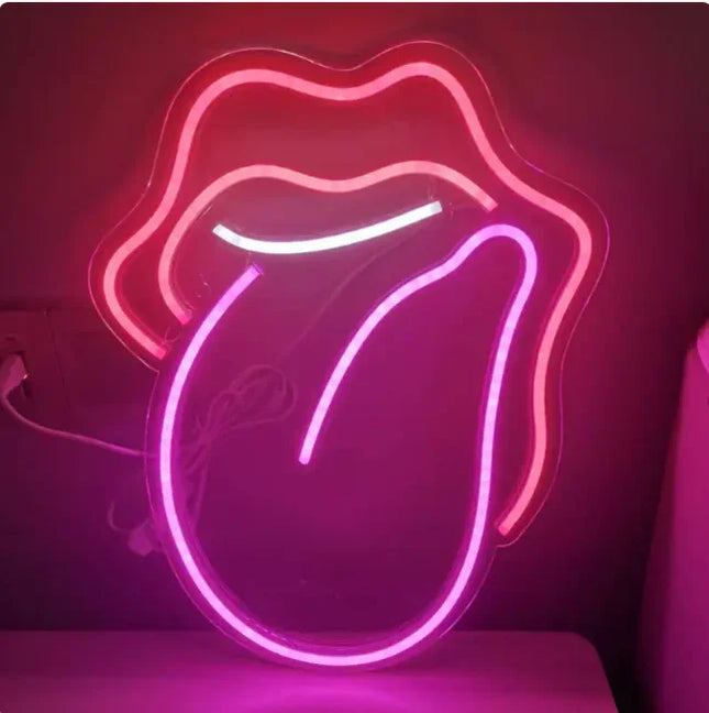 Pink neon lips and tongue wall art, glowing LED decor for bedroom or bar, modern retro design