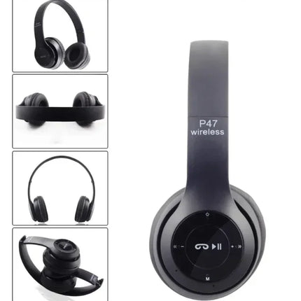 Black P47 wireless headphones with touch controls, foldable design, and over-ear comfort for music and calls