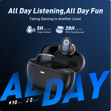 Black wireless gaming earbuds with ANC, 5H single use, 28H with charging case, sleek design