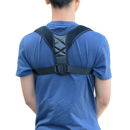 Black posture corrector with adjustable straps and breathable mesh design for back support