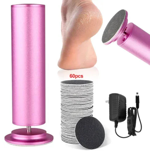 Pink electric foot file with 60 replacement pads, USB charger, for smooth callus removal and pedicure care