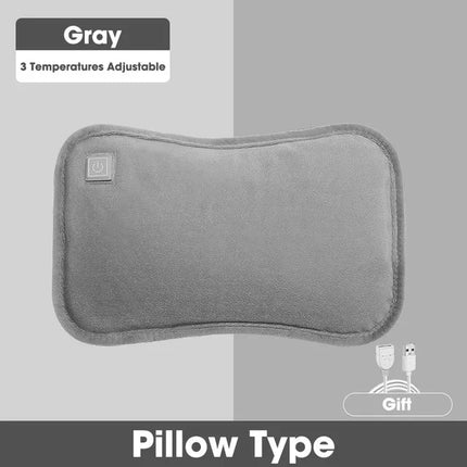Gray pillow-type heating pad with 3 adjustable temperatures, USB powered, soft fleece design