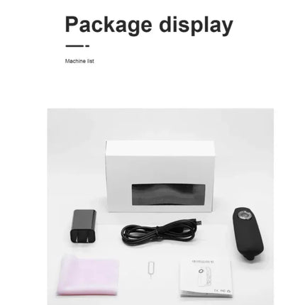 Black handheld device with charging cable, adapter, cleaning cloth, and manual in white box package