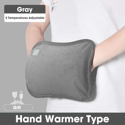 Gray hand warmer type heated pad with 3 adjustable temperatures, USB rechargeable, soft fabric design