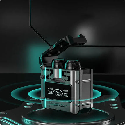 Black and silver gaming headset charging case with digital display, teal LED lights, and 'GAM HEADSET' text