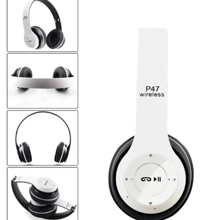 White P47 wireless headphones with black earcups, touch controls, and foldable design for portable audio