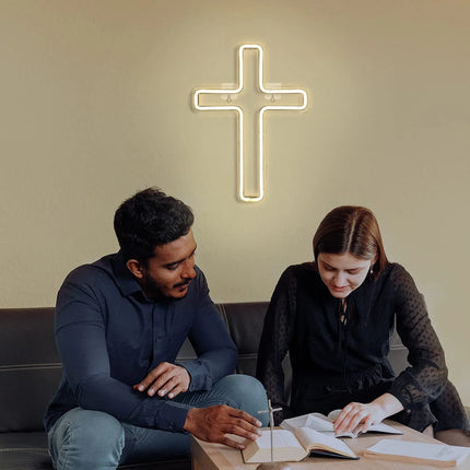 Glowing white neon cross wall light, modern religious decor for home, warm ambient lighting