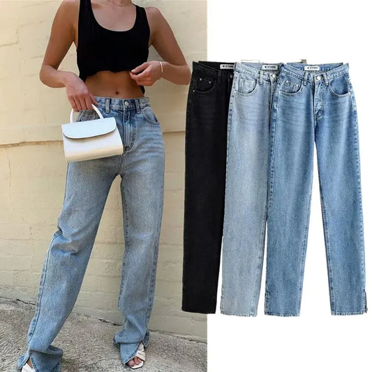 High Waist Split Straight Leg Jeans for Women – Floor-Length Denim | 30% Off + Free Global Shipping