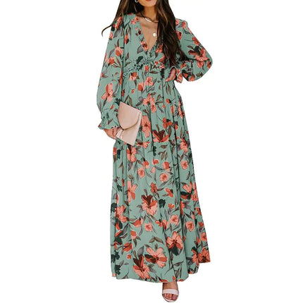 Women’s V-neck Loose Printed Long Sleeve Dress – Floral & Ruffle Design