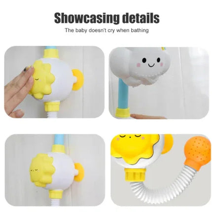 Yellow sun and cloud baby bath shower head with flexible hose, gentle spray for soothing bath time