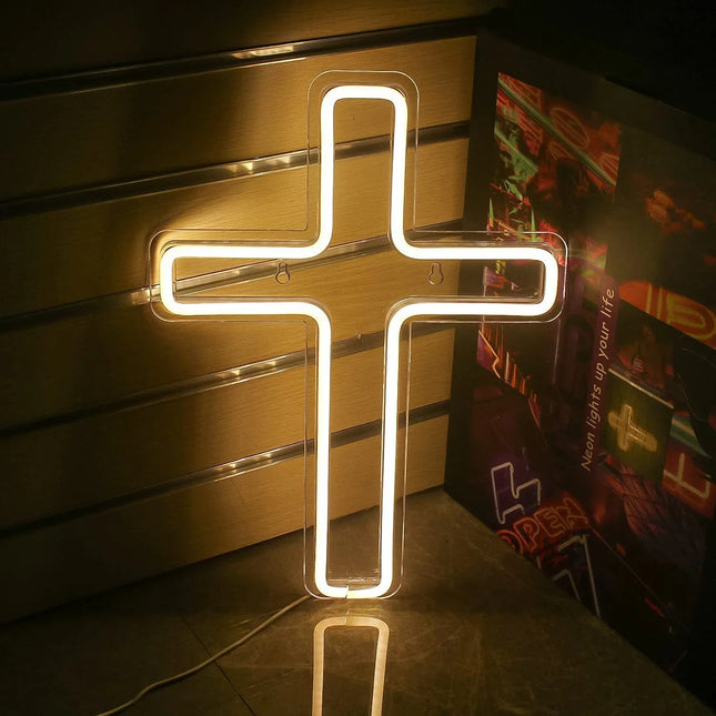 White neon cross light for wall decor, modern LED design with warm glow