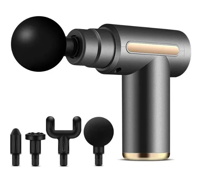 Black and gold massage gun with interchangeable heads for muscle recovery
