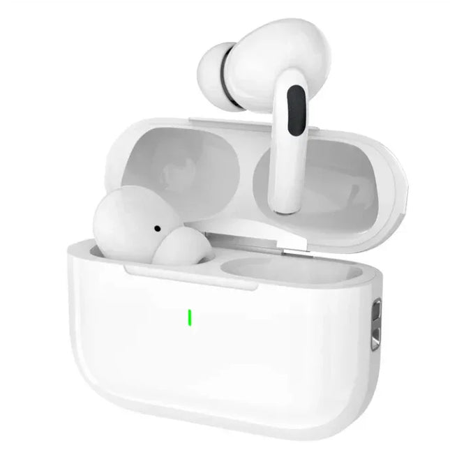 White wireless earbuds with charging case, sleek design, green LED indicator