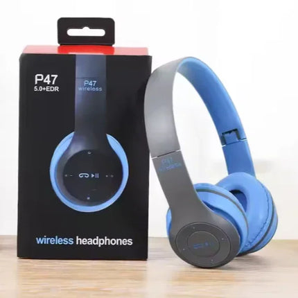 Blue and gray P47 wireless headphones with 5.0+EDR, shown beside retail box on wooden surface