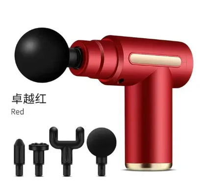 Red handheld massage gun with black attachments, ergonomic design for muscle relief