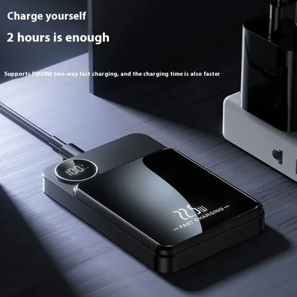 Black 22.5W fast charging power bank with digital display, supports PD20W two-way charging