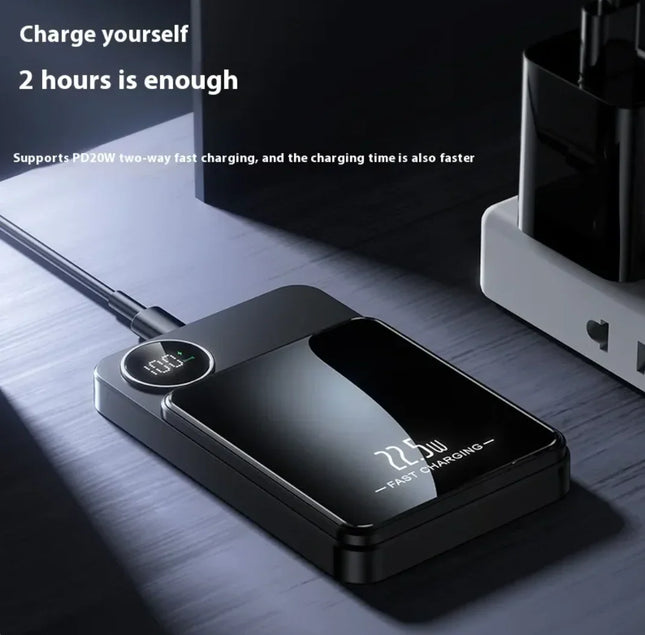 Black 22.5W fast charging power bank with digital display, supports PD20W two-way charging
