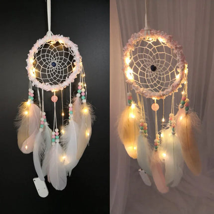 Pastel LED dreamcatcher with feathers, beads, and soft glow for bedroom decor