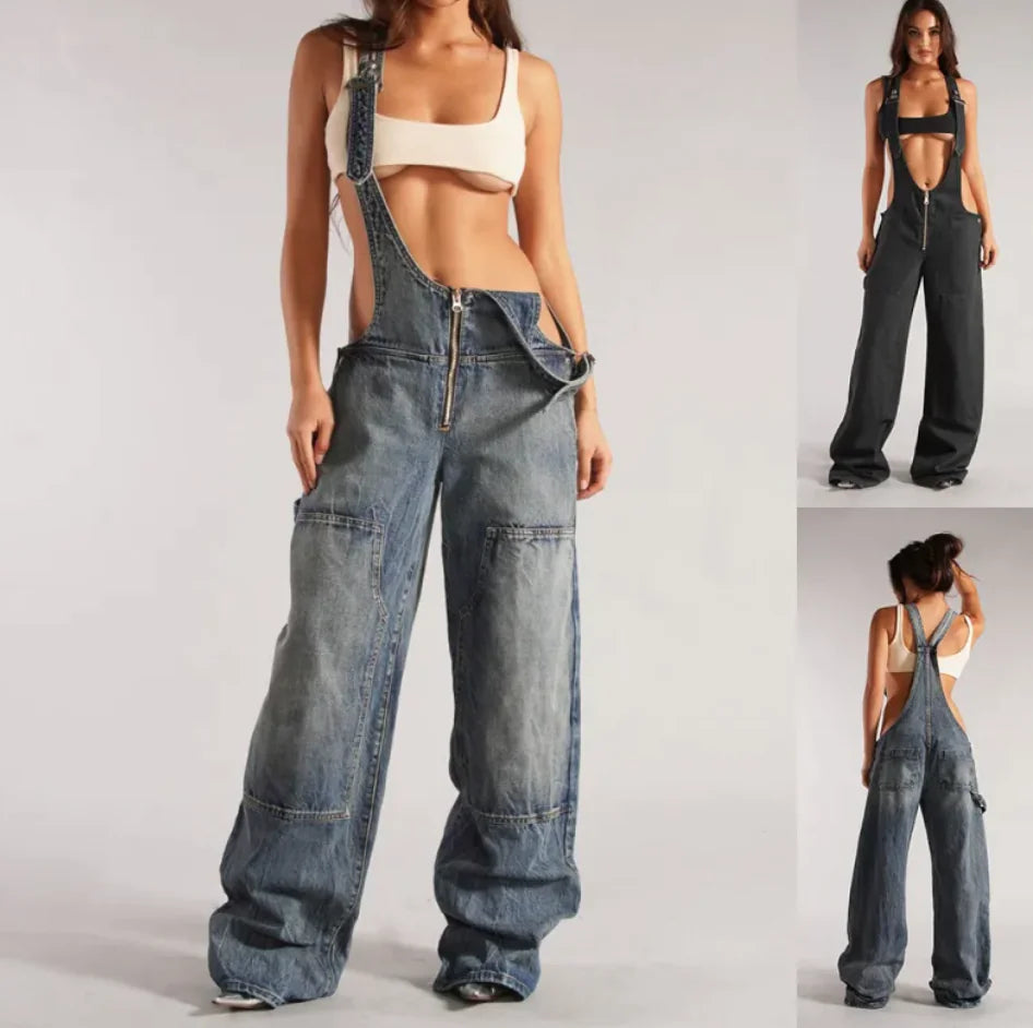 Y2K Denim Overalls – Loose Fit Retro Streetwear with Adjustable Suspenders