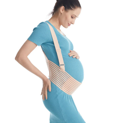 Beige maternity support belt with striped design, worn by pregnant woman in blue dress for back and belly comfort