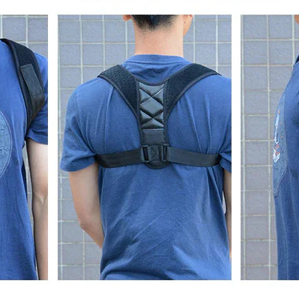 Black posture corrector brace with adjustable straps, worn over blue t-shirt for back support and alignment