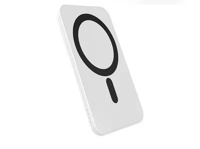 White portable wireless charger with black circular design, sleek modern look for fast charging