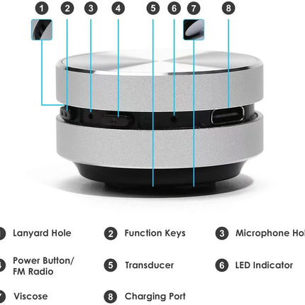 Silver portable speaker with function keys, charging port, and LED indicator for smart home use