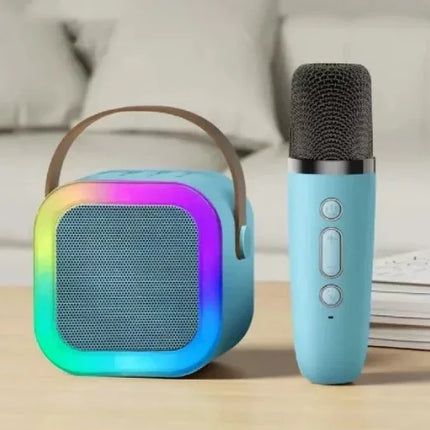 Blue portable speaker with rainbow LED lights and matching microphone for karaoke fun