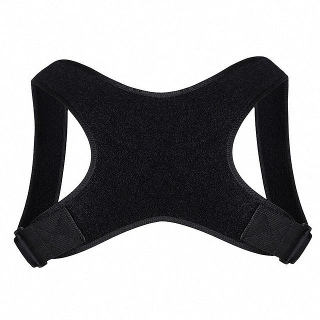 Black posture corrector brace with adjustable straps for back support