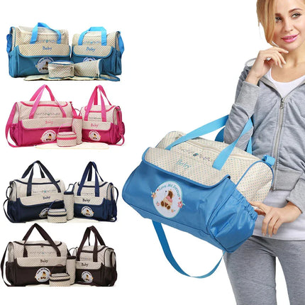Blue baby diaper bag with shoulder strap, polka dot design, and 'Baby' embroidery – ideal for moms on the go