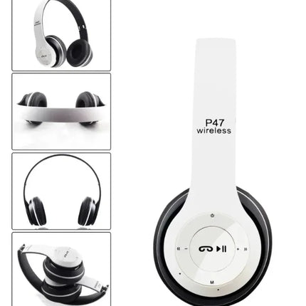 White P47 wireless over-ear headphones with black earcups, foldable design, and built-in controls for music and calls