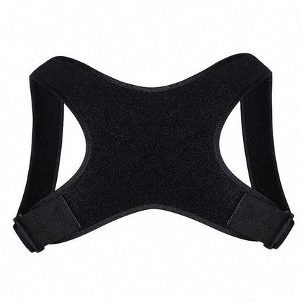 Black posture corrector brace with adjustable straps for back support and alignment