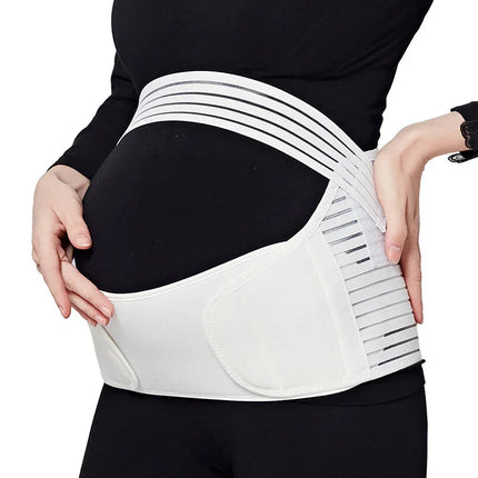 White maternity support belt with adjustable straps for pregnancy back pain relief and belly support