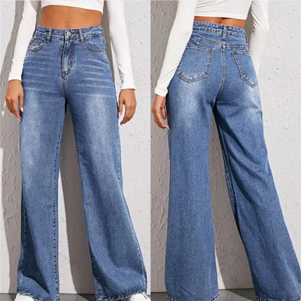 Loose High Waist Wide Leg Jeans for Women – Light Blue Cotton Denim