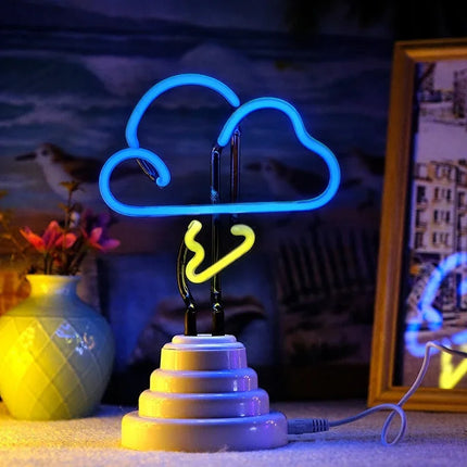 Blue cloud neon lamp with yellow lightning bolt, tiered base, USB powered, decorative night light for bedroom or desk