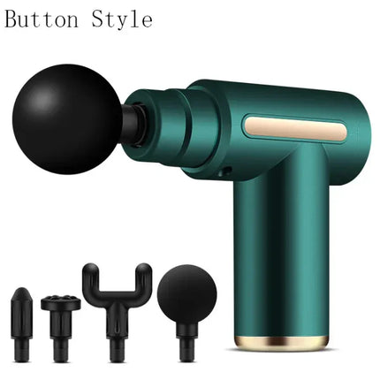 Green handheld massage gun with black ball head and 4 interchangeable attachments, button-style design