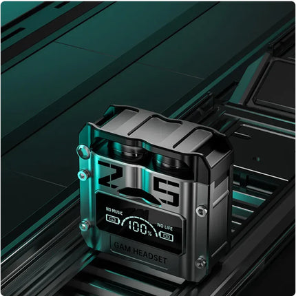 Black and teal gaming headset case with digital battery display, 100% charge, GAM HEADSET label