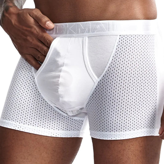 Men’s Ice Silk Mesh Split Boxer Trousers – Breathable Elastic Cotton Underwear with Mid-Waist Fit