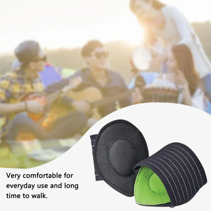 Black and green arch support insoles for comfortable everyday walking, featuring cushioned design and striped fabric.