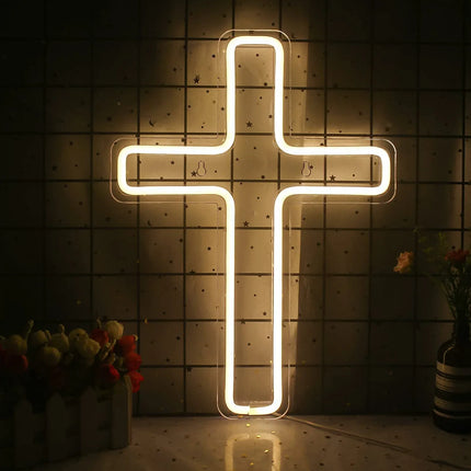Warm white neon cross light with starry backdrop, modern wall decor for bedroom or living room ambiance