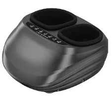 Black foot massager with dual chambers, control panel, and sleek ergonomic design for relaxation